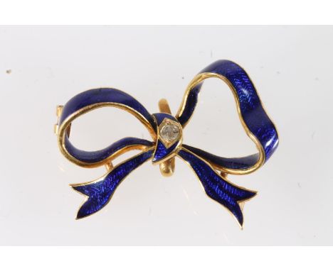 Unmarked yellow metal and blue enamel nurse's watch brooch in the form of a box with diamond to the centre, 5.1g