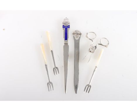 Silver sugar nippers by Hamilton &amp; Inches, Edinburgh 1898, three mother of pearls handled silver pickle forks, a silver p