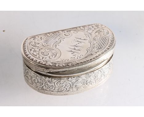 Victorian silver snuff box of two thirds oval shape with incised designs of scrolling foliage, by F W Turton Ltd, Birmingham 