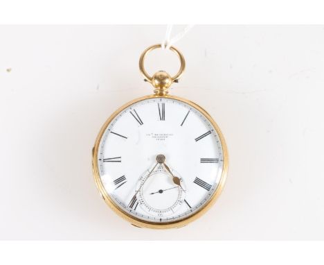 18ct gold cased open faced key wound pocket watch, the white enamel dial with Roman numeral chapter ring and subsidiary secon