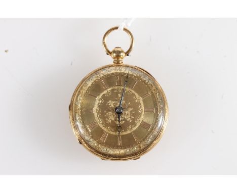 18ct gold cased open faced key wound pocket watch, the engraved gold dial with Roman numeral chapter ring, the works incised 
