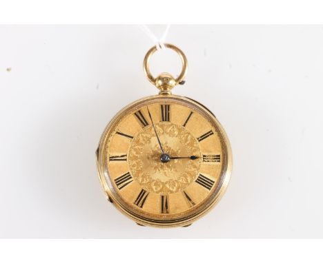 18ct gold cased open faced key wound pocket watch, the engraved gold dial with Roman numeral chapter ring, the works and dust