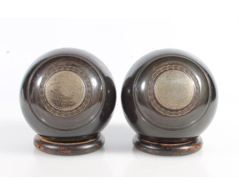 Pair of lawn bowls with silver plaques inscribed "Presented by the members of the Waverley Bowling Club to John Hall Esqr Pro