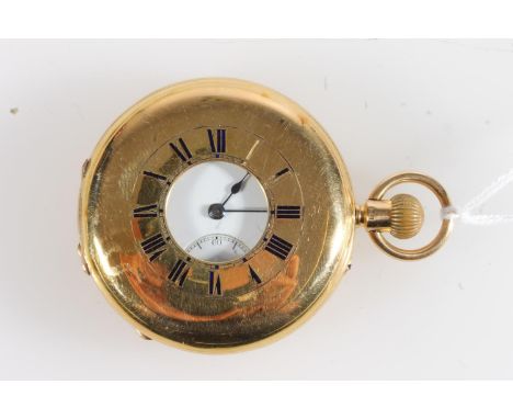 18ct gold cased half hunter keyless pocket watch, the white enamel dial with Roman numeral chapter ring and subsidiary second