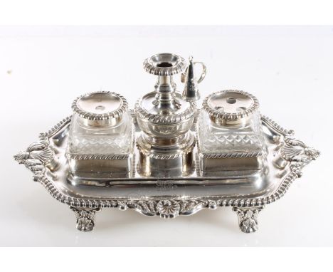 Late Georgian silver desk stand with chamber stick and snuffer and inkwells by S C Younge & Co, Sheffield 1820, 980g without 