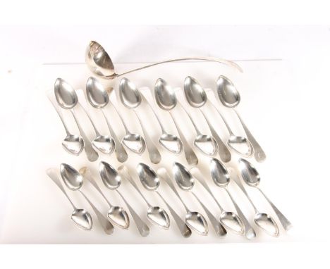 Partial suite of George III silver flatware comprising soup ladle, twelve tablespoons and twelve dessert spoons of oar patter