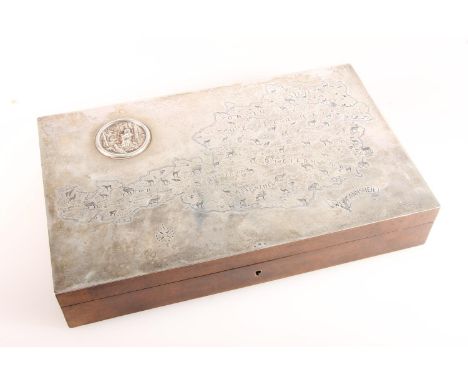 Continental silver and birds eye walnut table cigarette or cigar box, the hinge top with sheet of silver incised with a map o