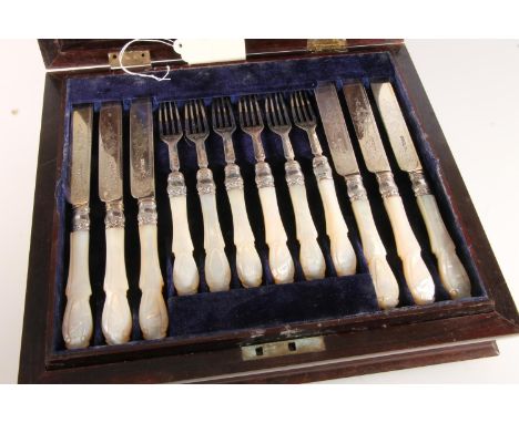 Set of twelve Victorian silver and mother-of-pearl handled fruit knives and forks by Martin, Hall & Co, Sheffield 1862, in fi