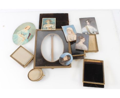 Groups of portrait miniatures to include a painted portait of a seated lady on sheet ivory, signed and dated lower left 'JP 1