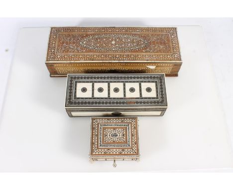 Three Indian Vizagapatam bone inlaid glove and trinket boxes. (3)