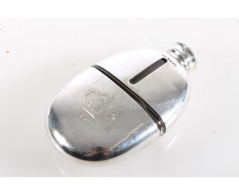 Victorian silver clad clear glass oval hip flask by James Dixon & Sons Ltd, Sheffield 1881, 280g gross.  Scuffed throughout, 