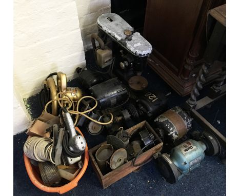 A selection of various tools to include table drill, heavy duty motor, Clarke grinder etc.