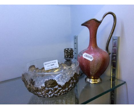 A Chinese silver bowl with glass liner, white metal candle stick and white metal overlaid Rorstrand jug.