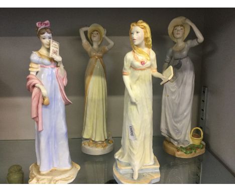 Four Royal Worcester Jane Austen collection figurines including 'Elizabeth Bennet.'