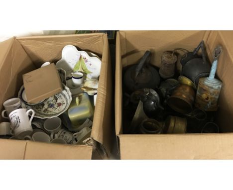 A box containing miners lamp, copper and brassware together with a selection of large dinner plates