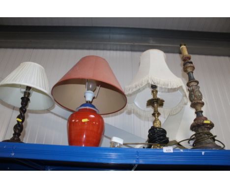 A gilt table lamp and shade together with a wooden barley twist table lamp and two others