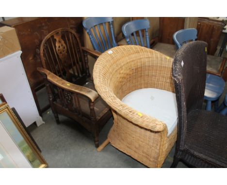 A wicker armchair and a stick and wheelback reclining armchair