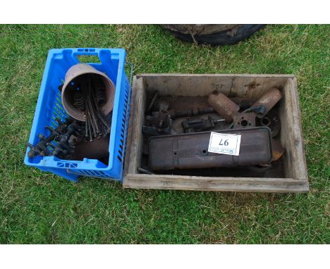 Two boxes of T20 engine parts including fan, oil pump, manifold, rocker cover, push-rods, rockers, timing gear case, filter h