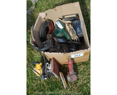 A box of 240 volt sanders, two pneumatic random orbital sanders, a Bosch random orbital sander (electric), sanding discs (Vel