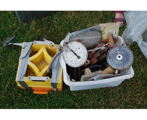 A box of tools with 2 screen block moulds, rendering tools, a circular cast-iron Rayburn type grate, etc.,