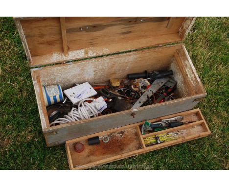 Wooden tool box and contents including tools and fixings and a small "Mole-grip".