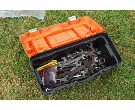 A Tool box containing open ended and other spanners. 