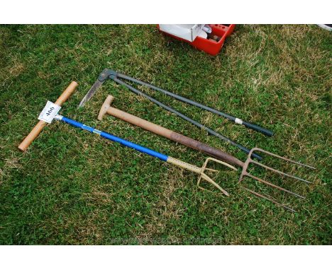 A garden claw, a fork and long-handled edging shears. 
