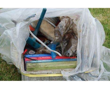 A box of misc - Ford Focus manual, etc., electric drill stand, grease pump, etc., 