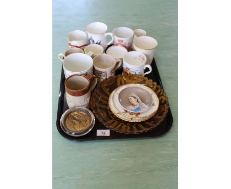 A tray of Victorian Royal commemorative mugs and cups plus a glass 1887 plate etc