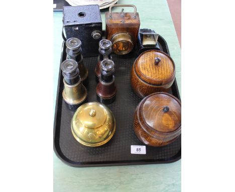 A tray with antique box Brownie, two old style lamps, two pairs of binoculars, two wooden tobacco tubs plus a brass Liptons B