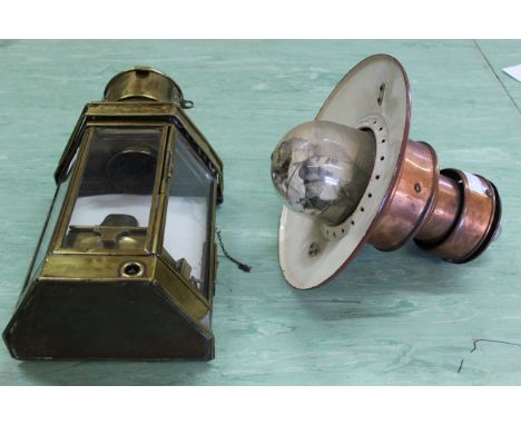 An Edwardian brass wall lamp complete with burner and three glass slides stamped 'E C &amp; E 1916' plus a 1930's copper gas 