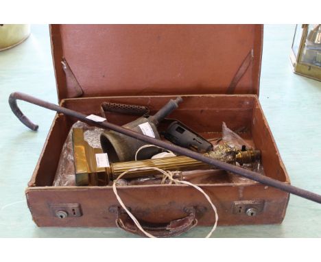 A vintage leather documents case (as found), a vintage brass blow lamp, a brass column lamp base plus an antique walking cane
