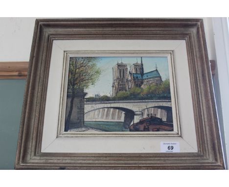A framed oil on canvas of Paris on the Seine, signed R Lambert, 8 3/4" x 7"