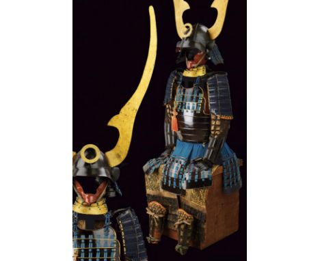 dating: Period (1603-1867) provenance: Japan, With iron, six-plated hachi, shape slightly cusped upwards, lacquered in black,