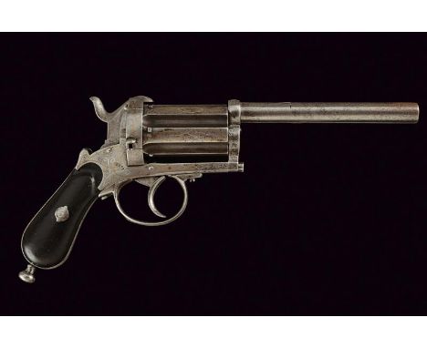 dating: about 1870 provenance: Europe, Round, smooth-bore, turn-off, 9 mm cal. barrel; fluted, six-shot cylinder-barrel group