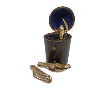 dating: 19th Century provenance: Europe, Container plated in ebony, with button-latch, containing folding fork, knife and spo