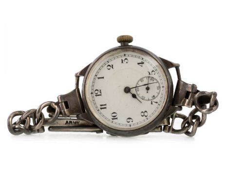 VINTAGE SILVER MILITARY WRIST WATCH, EARLY/MID 20TH CENTURY  the white enamel dial with Arabic numerals, 34mm case, the brace