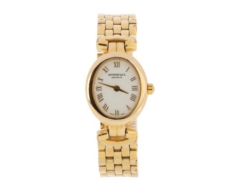 RAYMOND WEIL, GOLD PLATED QUARTZ WRIST WATCH the oval dial with Roman hour markers, 19mm case, on a gold plated bracelet, lac