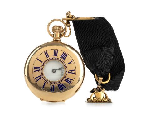FOURTEEN CARAT GOLD HALF HUNTER POCKET WATCH,  the round white enamel dial inscribed Waltham USA, outer railroad seconds trac