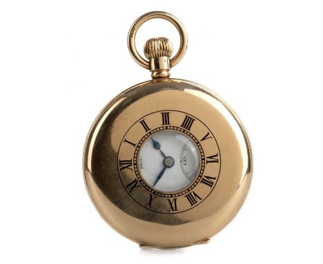 NINE CARAT GOLD HALF HUNTER POCKET WATCH, the white enamel dial with Roman hour markers, outer railroad seconds track and sub
