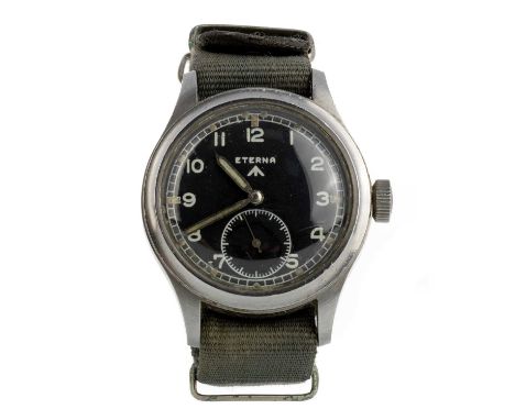 ETERNA, MILITARY STAINLESS STEEL MANUAL WIND WRIST WATCH   the round black dial with Arabic hour markers, outer railroad seco