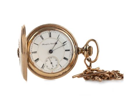 GOLD PLATED FULL HUNTER POCKET WATCH,  the round enamel dial with Roman hour markers, signed 'Hampden Watch Co', 55mm case, t