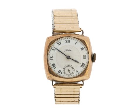 ROLEX, NINE CARAT GOLD MANUAL WIND WRIST WATCH  the round white enamel face with Roman hour markers, outer railroad seconds t