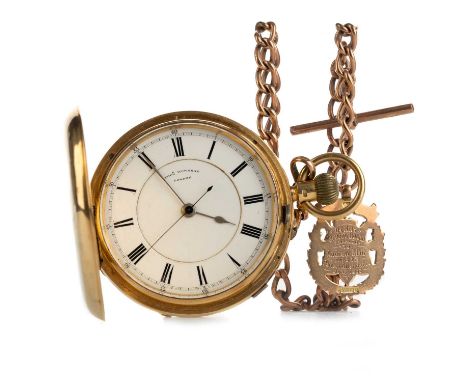 EIGHTEEN CARAT GOLD FULL HUNTER POCKET WATCH,  WITH NINE CARAT GOLD ALBERT CHAIN  the round white enamel dial with Roman hour