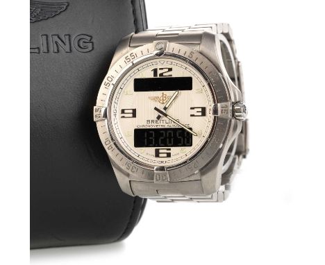 BREITLING WRIST WATCH,  the round dial with luminous Arabic hour markers, two digital display apertures, 40mm case, on a stai