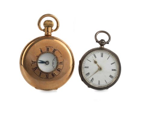 VICTORIAN HALF HUNTER POCKET WATCH, the white enamel dial with Roman numerals and subsidiary seconds, in gold plated case by 