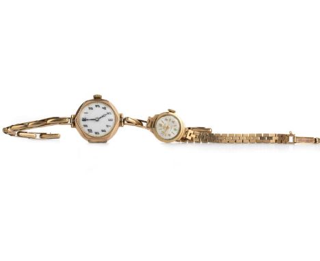TWO LADY'S BRACELET WATCHES, NINE CARAT GOLD  one with a hexagonal case and white enamel dial on an expanding bracelet strap,