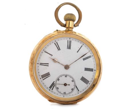 EIGHTEEN CARAT GOLD OPEN FACE POCKET WATCH.  the round enamel dial with Roman hour markers, outer railroad seconds track and 