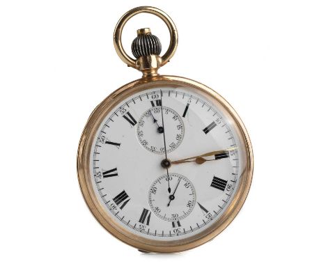 NINE CARAT GOLD OPEN FACE POCKET WATCH,  the round enamel dial with Roman hour markers, two subsidiary dials and outer second