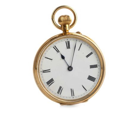 EDWARDIAN FOB WATCH, EIGHTEEN CARAT GOLD   the round white enamel dial with Roman hour markers, 39mm case with engraved monog